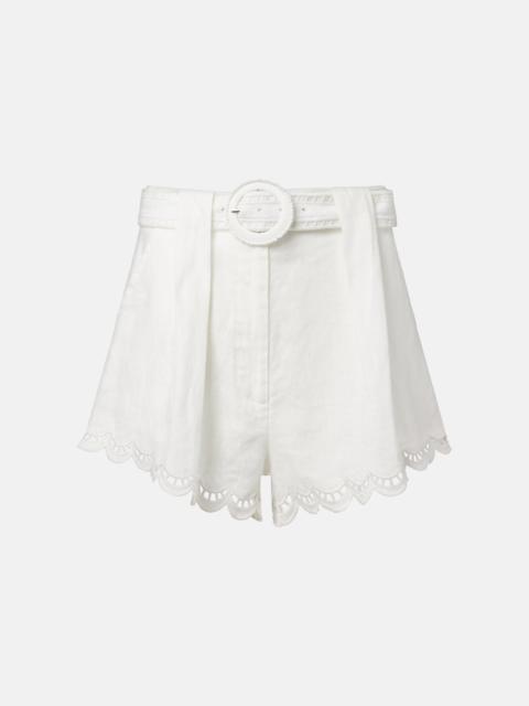 FARM RIO Belted pleated scalloped linen shorts
