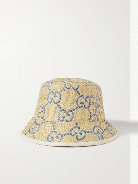 GUCCI Leather-trimmed raffia-effect jacquard bucket hat