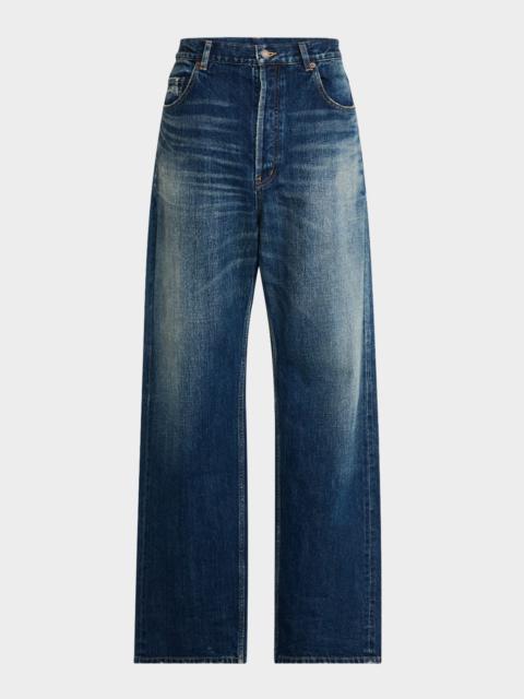 SAINT LAURENT Men's Wide-Leg Faded Jeans