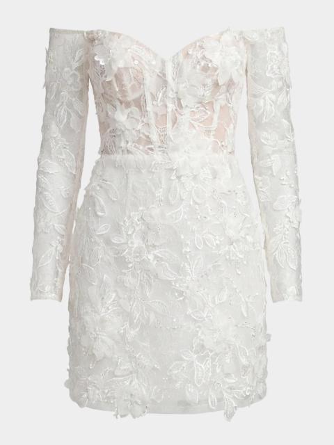 MAC DUGGAL Lace Off-the-Shoulder Long-Sleeve Mini Dress