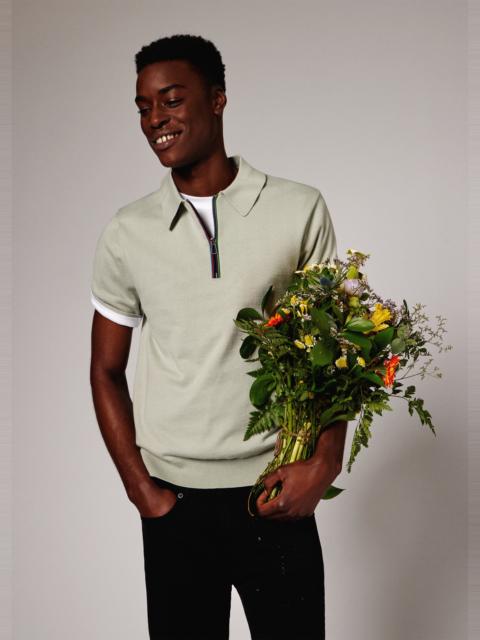 Light Grey 'Sports Stripe' Zip Knitted Cotton Polo Shirt