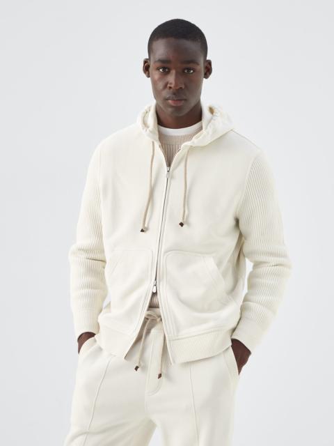 Brushed cotton French terry hooded sweatshirt with zip and English rib knit sleeves