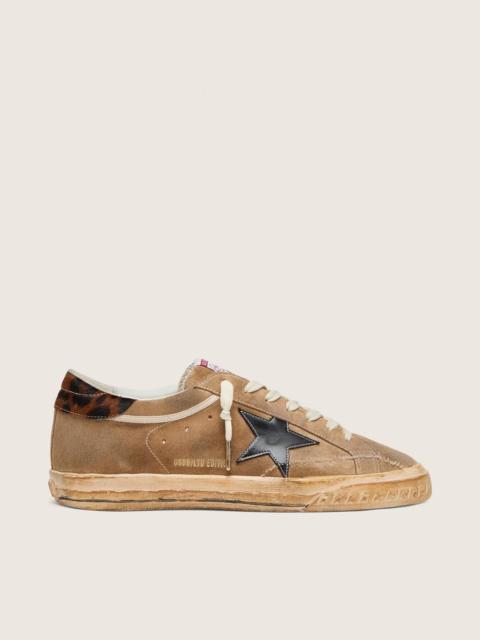 Golden Goose Men’s Super-Star LTD in tobacco suede with black star and animal-print heel