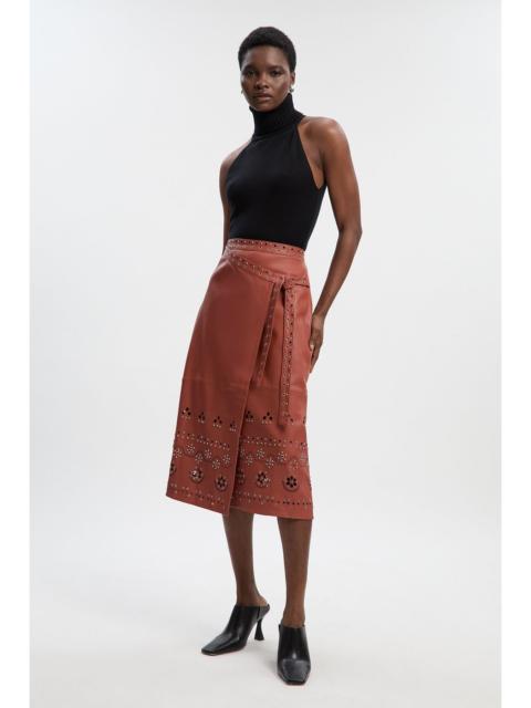 KAREN MILLEN Leather Cut Work & Studded Wrap Pencil Skirt