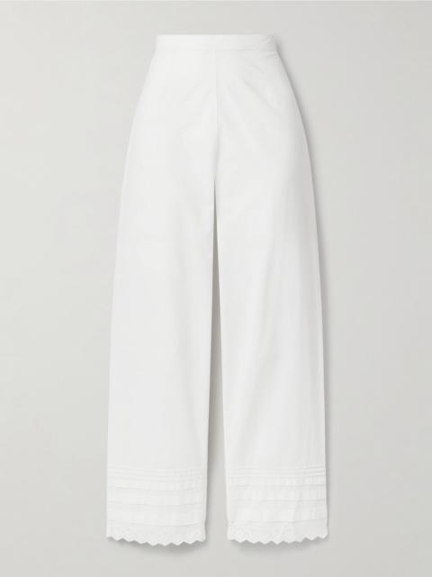 DÔEN Francisca broderie anglaise-trimmed pintucked organic cotton-poplin straight-leg pants White