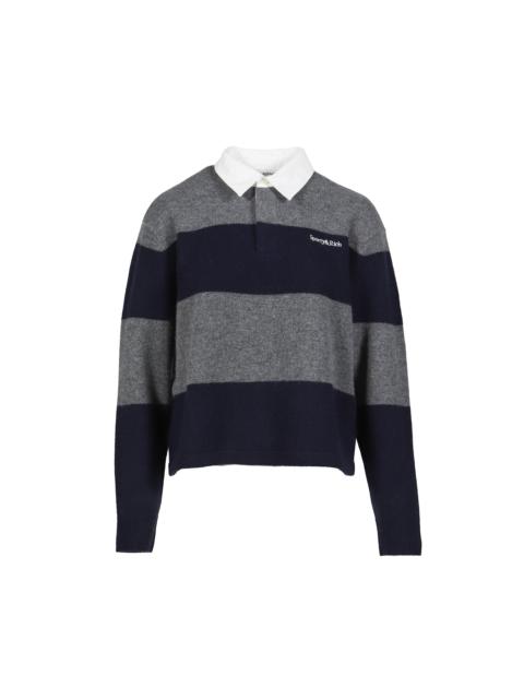 Sporty & Rich SERIF LOGO CASHMERE RUGBY POLO / HEATHER GRY/DARK NVY