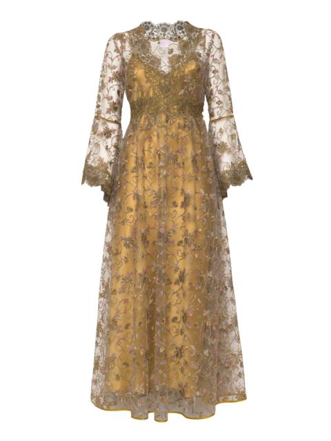 LORETTA CAPONI Topazio Lace-Trimmed Midi Dress gold