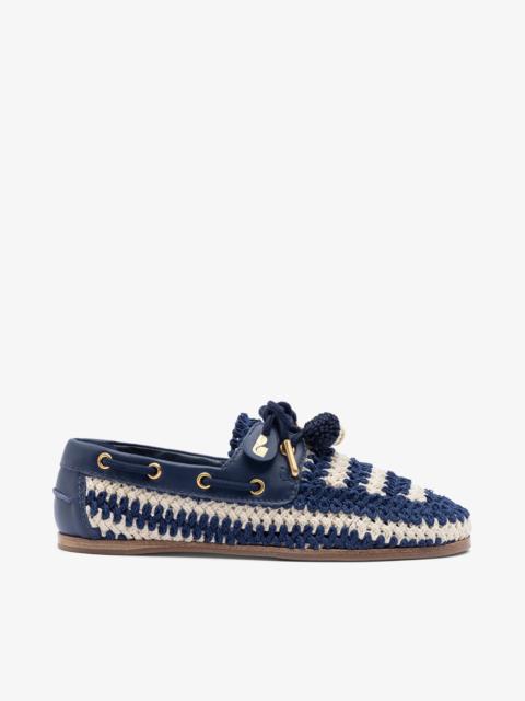 Larroudé Cyprus Crochet Boat Shoe In Navy and Ivory Crochet and Navy Leather