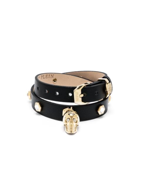 skull-charm leather band bracelet