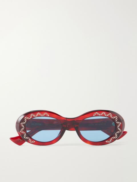 Valentino Crystal-embellished round-frame recycled acetate sunglasses Red