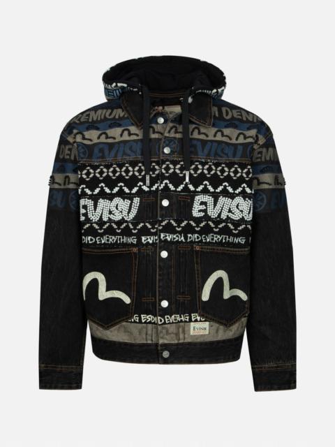 EVISU FAIR ISLE PATTERN WITH PERAL STUD KNITTED PANEL LOOSE FIT HOODED DENIM JACKET