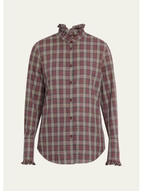 NILI LOTAN Elio Ruffle-Trim Cotton Plaid Shirt
