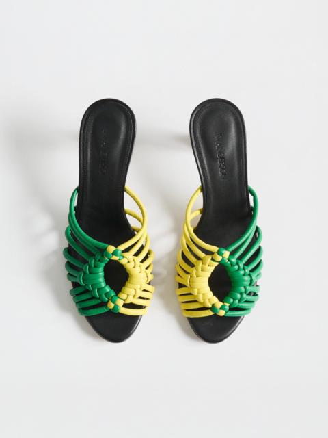 JW Anderson WOMENS WOVEN HEELED LEATHER PLOT SANDAL IN BRIGHT GREEN & YELLOW