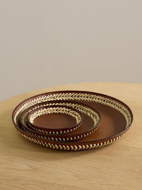 HUNTING SEASON Set of three whipstitched leather trays Brown