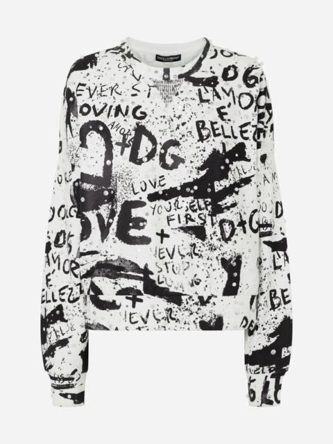 Dolce & Gabbana Jersey sweatshirt with DG graffiti print with pearl and stud embellishment