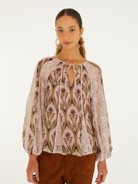 FARM RIO Birds Tree Garden Medal Long Sleeve Blouse