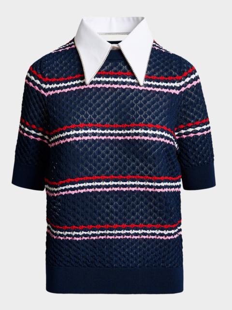 ESSENTIEL ANTWERP Jantasy Striped Honeycomb Knit Embellished Collar Polo