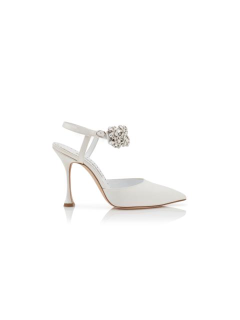 Manolo Blahnik Cream Satin Embellished Ankle Strap Pumps