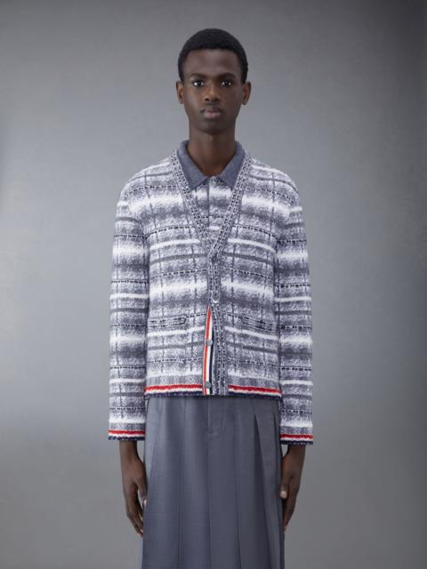 Thom Browne Tb Tartan Check Inlay Jacquard Classic V Neck Cardigan in Merino Wool & Mohair W/ Rwb Stripe
