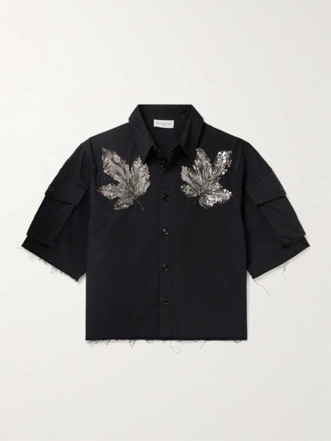 Dries Van Noten Embellished Cropped Frayed Cotton-Gabardine Shirt