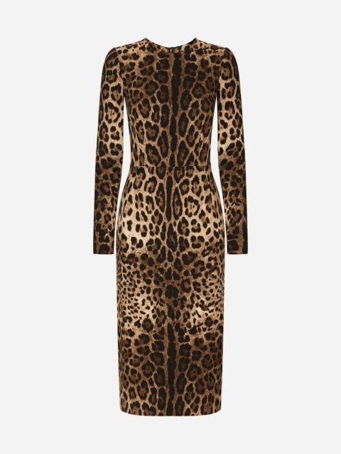 Leopard-print cady dress with long sleeves