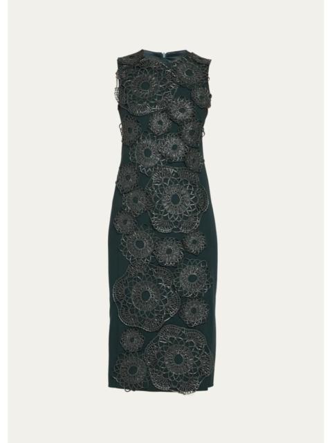 AKRIS Anemone Embroidered Silk Crêpe Midi Sheath Dress