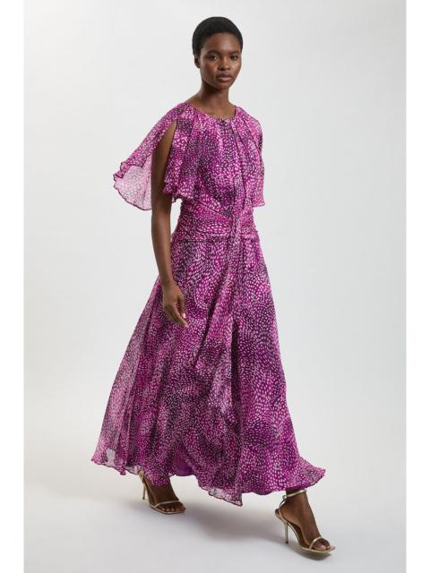 KAREN MILLEN Spot Print Viscose Georgette Cape Sleeve Ruffle Woven Maxi Dress