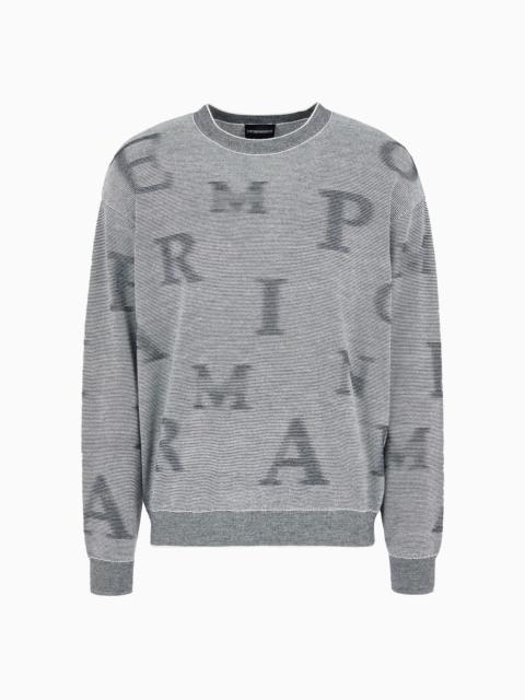 Two-tone micro-striped virgin-wool jumper with all-over lettering