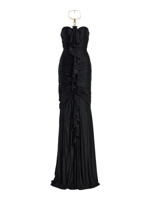 Balmain Embellished Long Draped Bustier Dress black