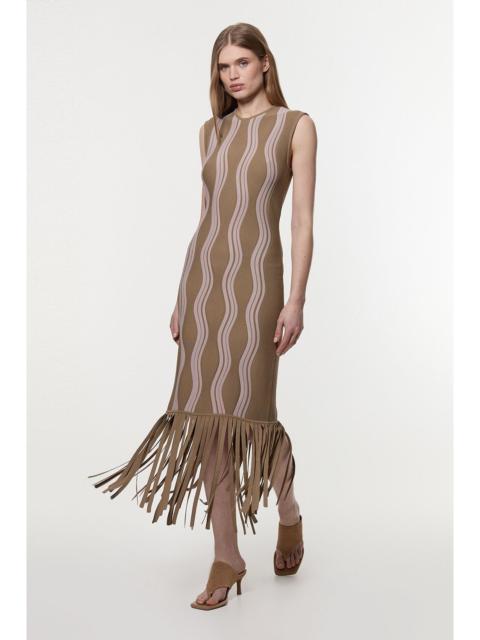 KAREN MILLEN Contrast Wave Knit Dress With Fringing