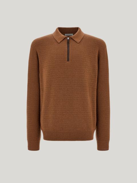 Canali LIGHT BROWN WOOL AND CASHMERE REGULAR-FIT ZIPPERED POLO SHIRT WITH NUBUCK INSERTS