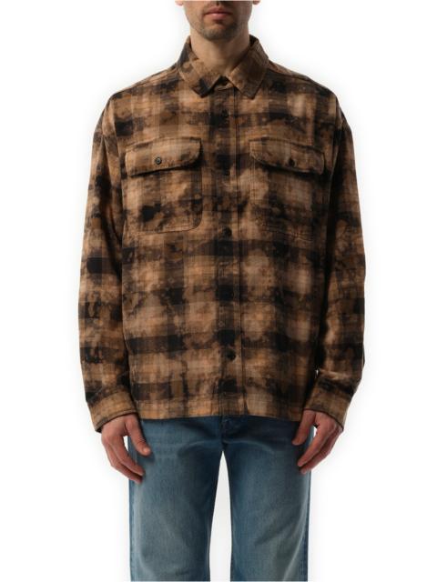 Palm Angels Long Sleeve Curved Logo Check Shirt in Brown/Off White