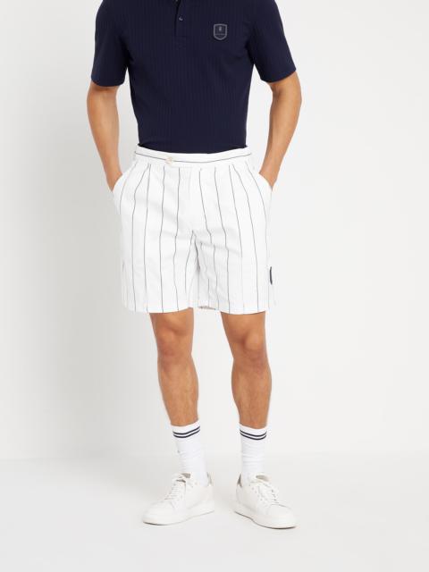 Brunello Cucinelli Chalk stripe nylon pleated Bermuda shorts with tabbed waistband and tennis badge