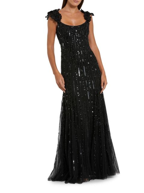 MAC DUGGAL Women's Evening Beaded Floral Mesh Gown - Black