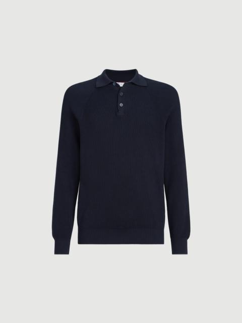 Brunello Cucinelli Cotton English rib knit polo with long raglan sleeves