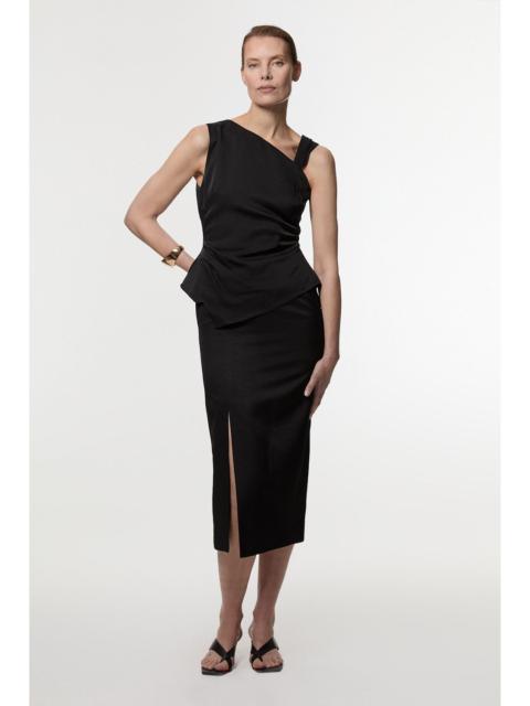 KAREN MILLEN Premium Viscose Linen Asymmetric Neck Tailored Pencil Maxi Dress