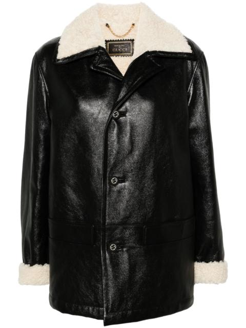 Black Shearling-Trim Leather Coat