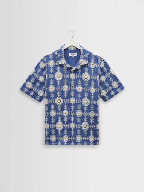 Wax London Didcot - Blue And Ecru Corded Lace Short-Sleeve Shirt