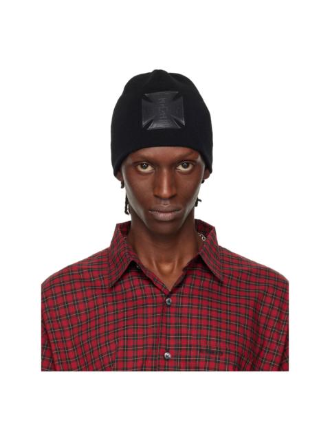 Black Leather Biker Cross Logo Beanie