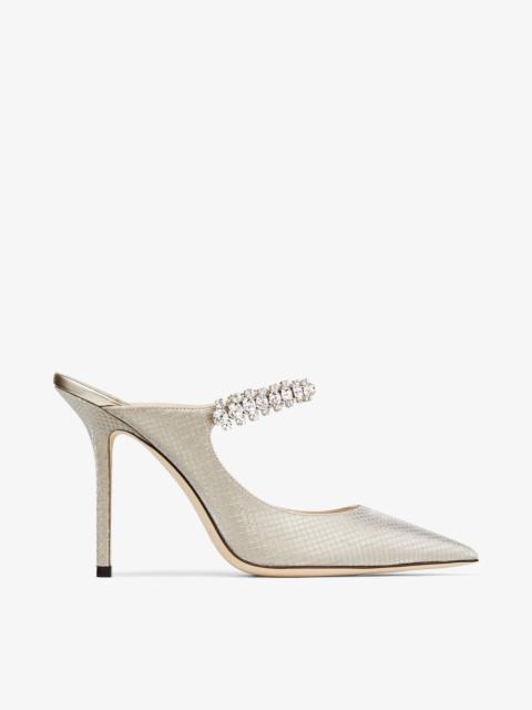 JIMMY CHOO Bing 100 Champagne Glitter Fabric Mules with Crystal Strap
