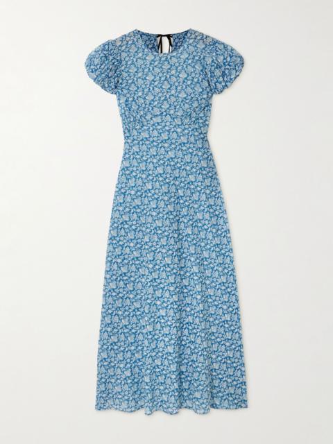 DÔEN Romina tie-detailed floral-print organic cotton-voile midi dress Navy