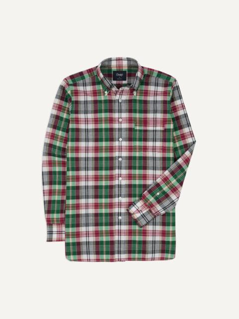 Drake's Green and Burgundy Madras Check Cotton Button-Down Shirt