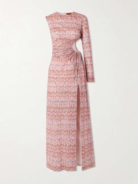 One-sleeve cutout metallic crochet-knit maxi dress