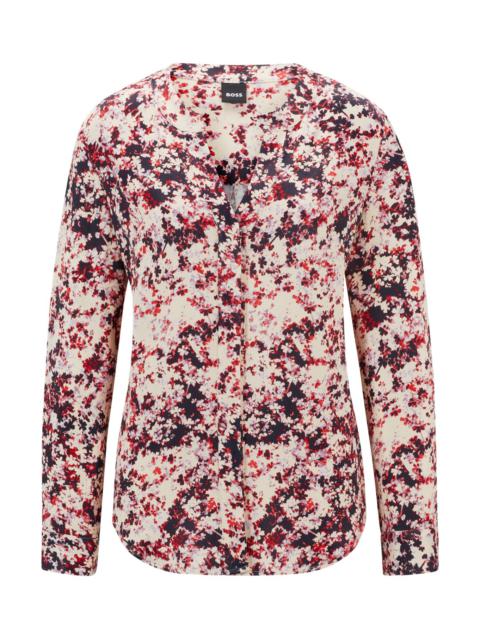 BOSS FLORAL-PRINT BLOUSE IN SATIN WITH NOTCH NECKLINE