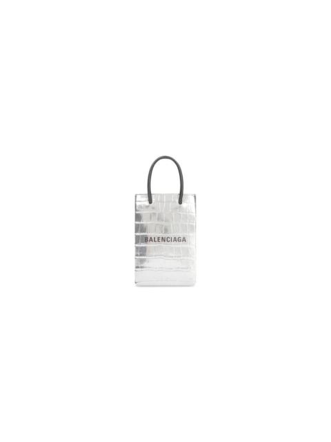 BALENCIAGA Women's Mini Shopping Bag Crocodile Embossed in Silver