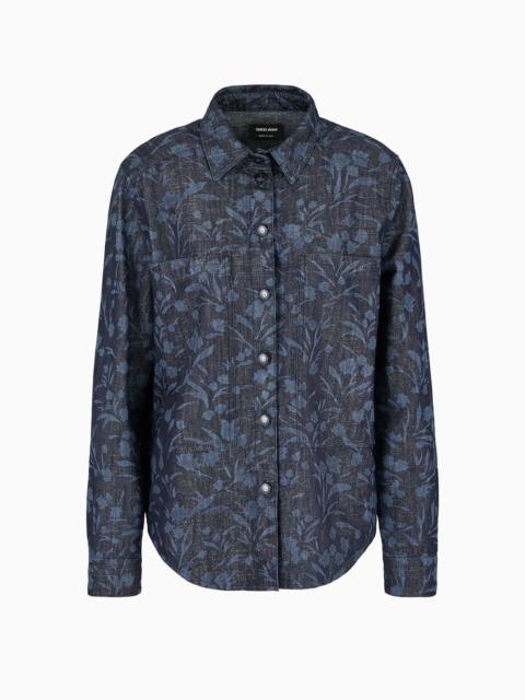 GIORGIO ARMANI Denim Collection shirt in cotton, viscose and lurex denim with floral motif