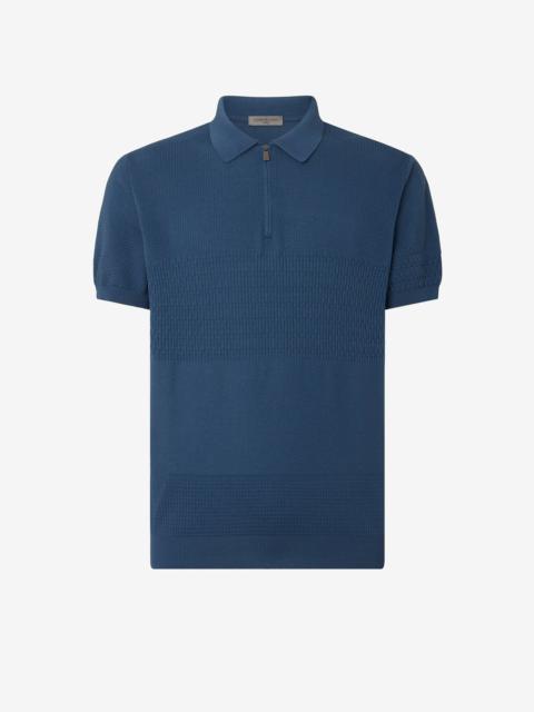 CORNELIANI Denim blue zip-up Pima cotton polo shirt