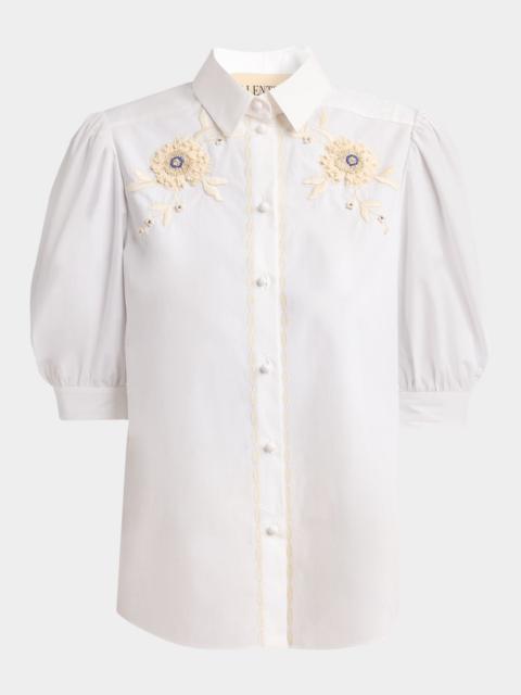 Valentino Floral Embroidered Short-Sleeve Button-Down Shirt