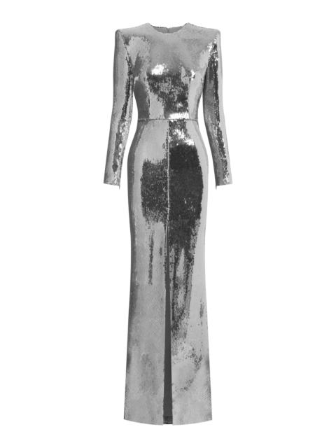 ALEX PERRY Sequined Long Sleeve Gown silver