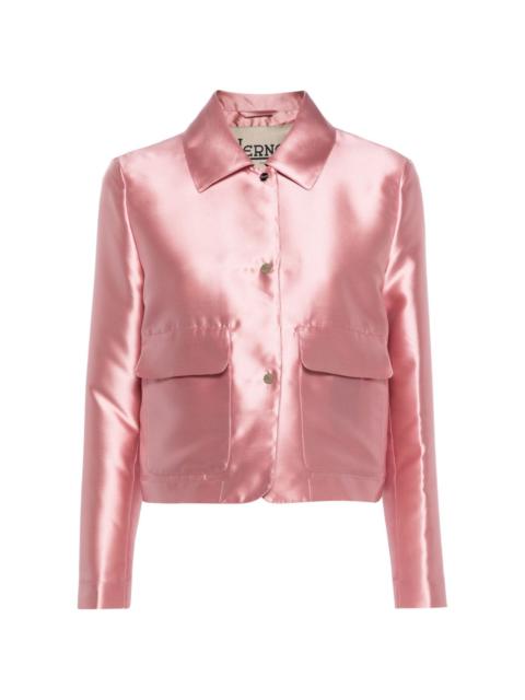 straight-collar cropped satin jacket